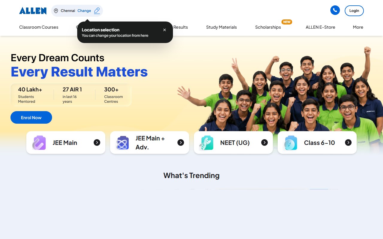 Allen Career Institute live website benchmark preview